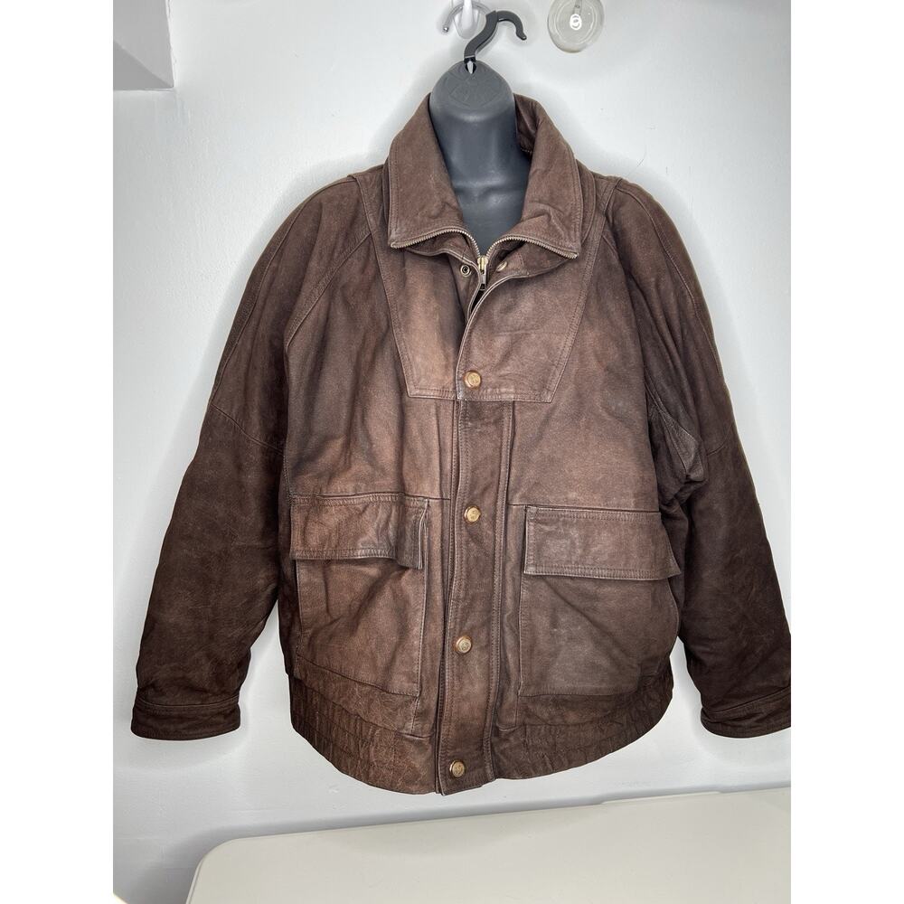 Vintage Weekends Brown Leather Bomber Aviator Jacket Coat Mens Large